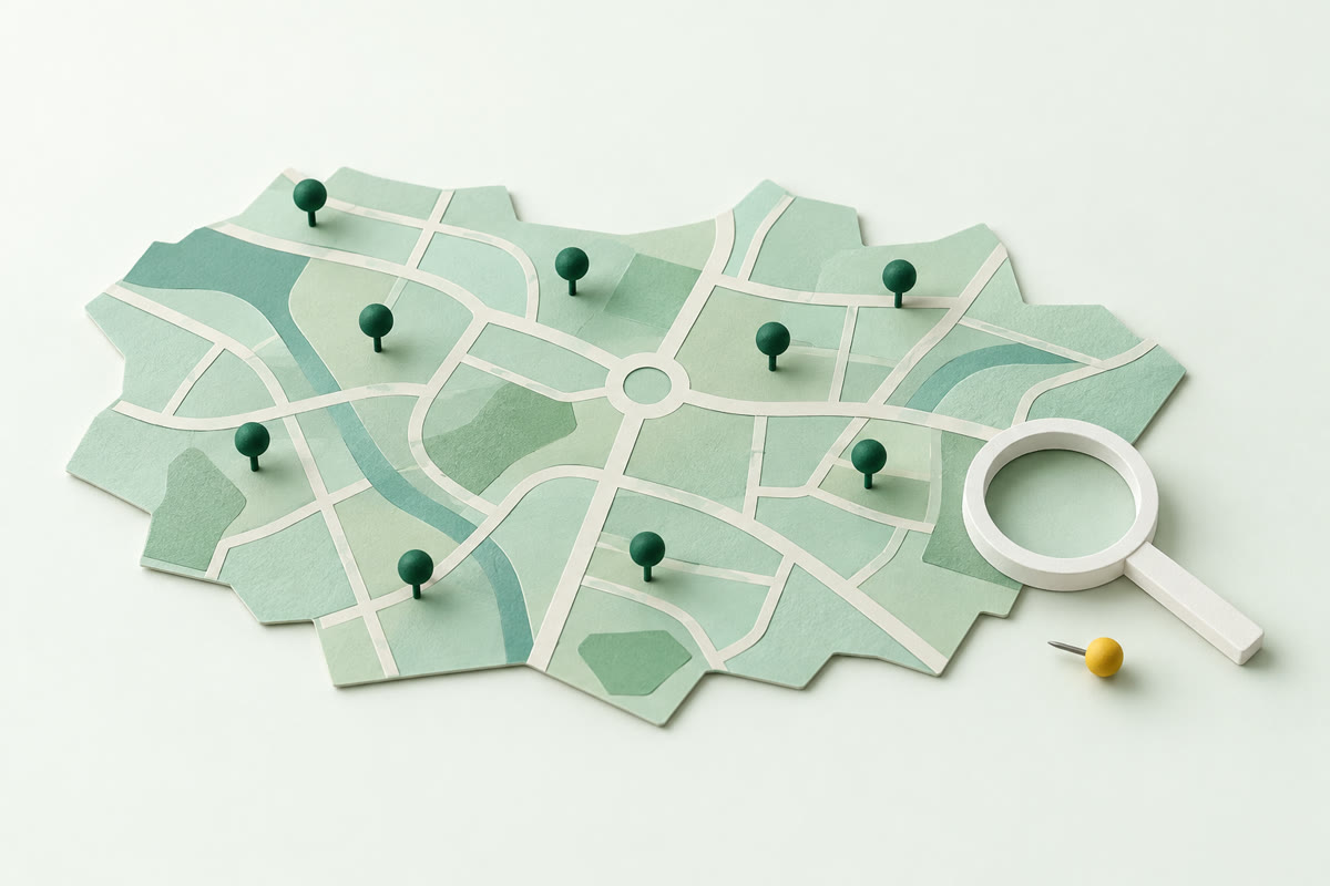 Illustration of a paper town map with green pins standing on it and one yellow pin fallen off the edge, beside a paper magnifying glass.