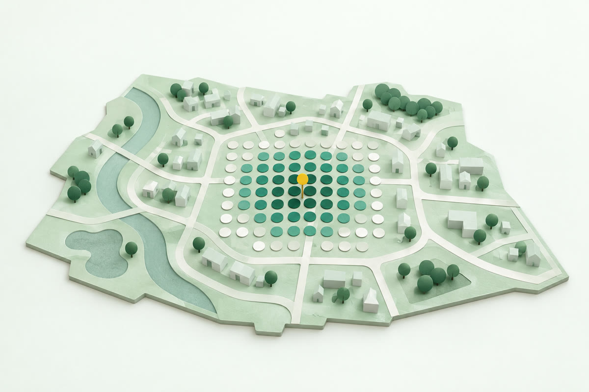 Illustration of a paper model town with an even grid of round discs over its centre, dark green around a yellow pin and fading to white towards the edges.