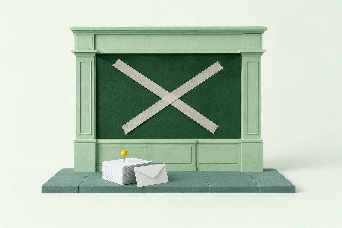 Illustration of a paper shopfront covered by a green panel and crossed tape, with a stack of paper documents and an envelope in front and a yellow pin on the stack.