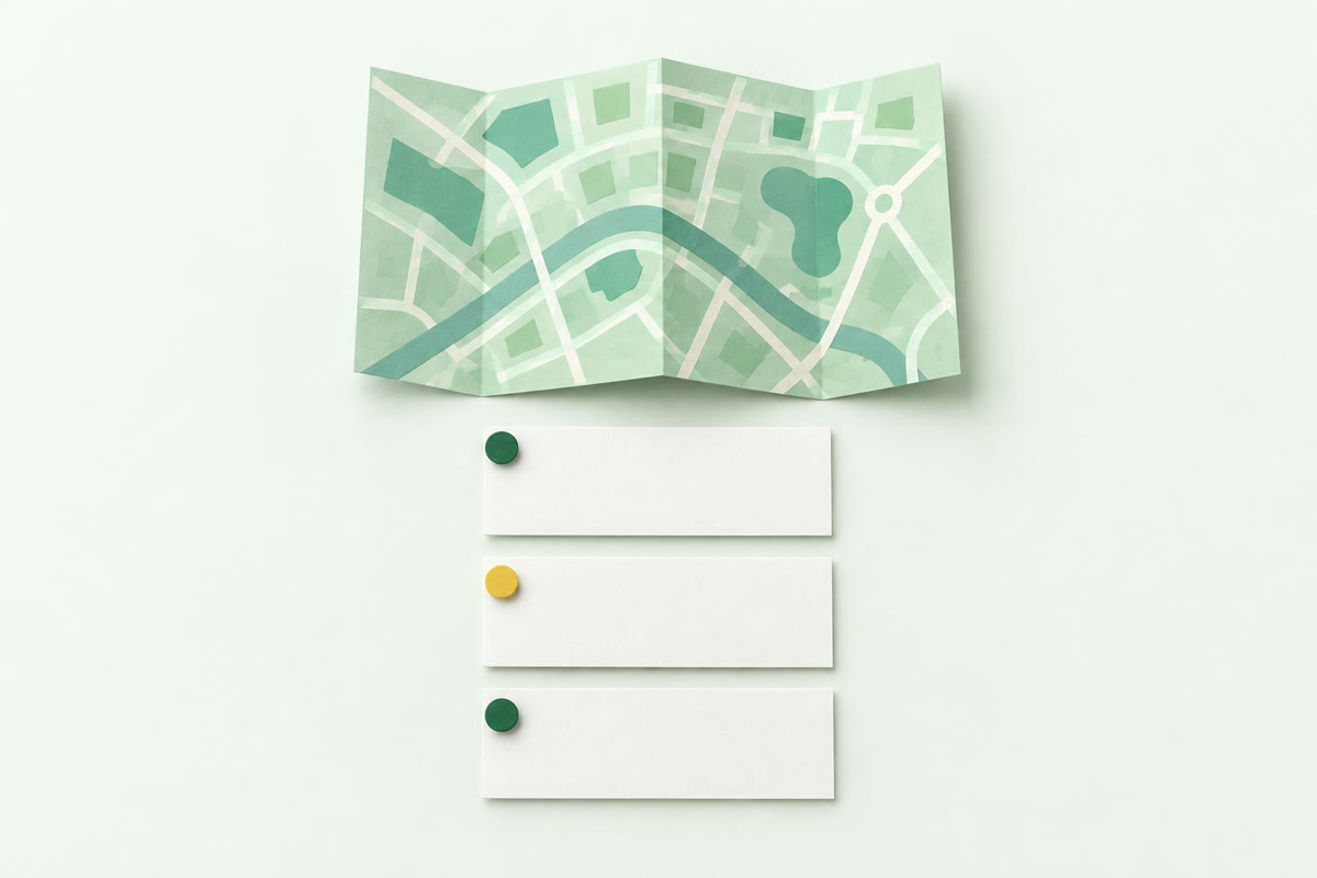 Illustration of a paper town map with three blank paper cards stacked beneath it, each with a round green pin and the middle one yellow.