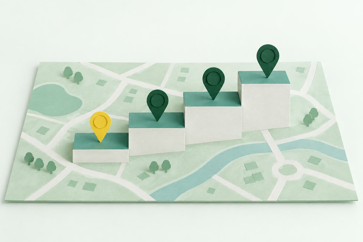 Illustration of four paper steps on a paper town map, with green pins on the top three steps and one yellow pin on the lowest step.