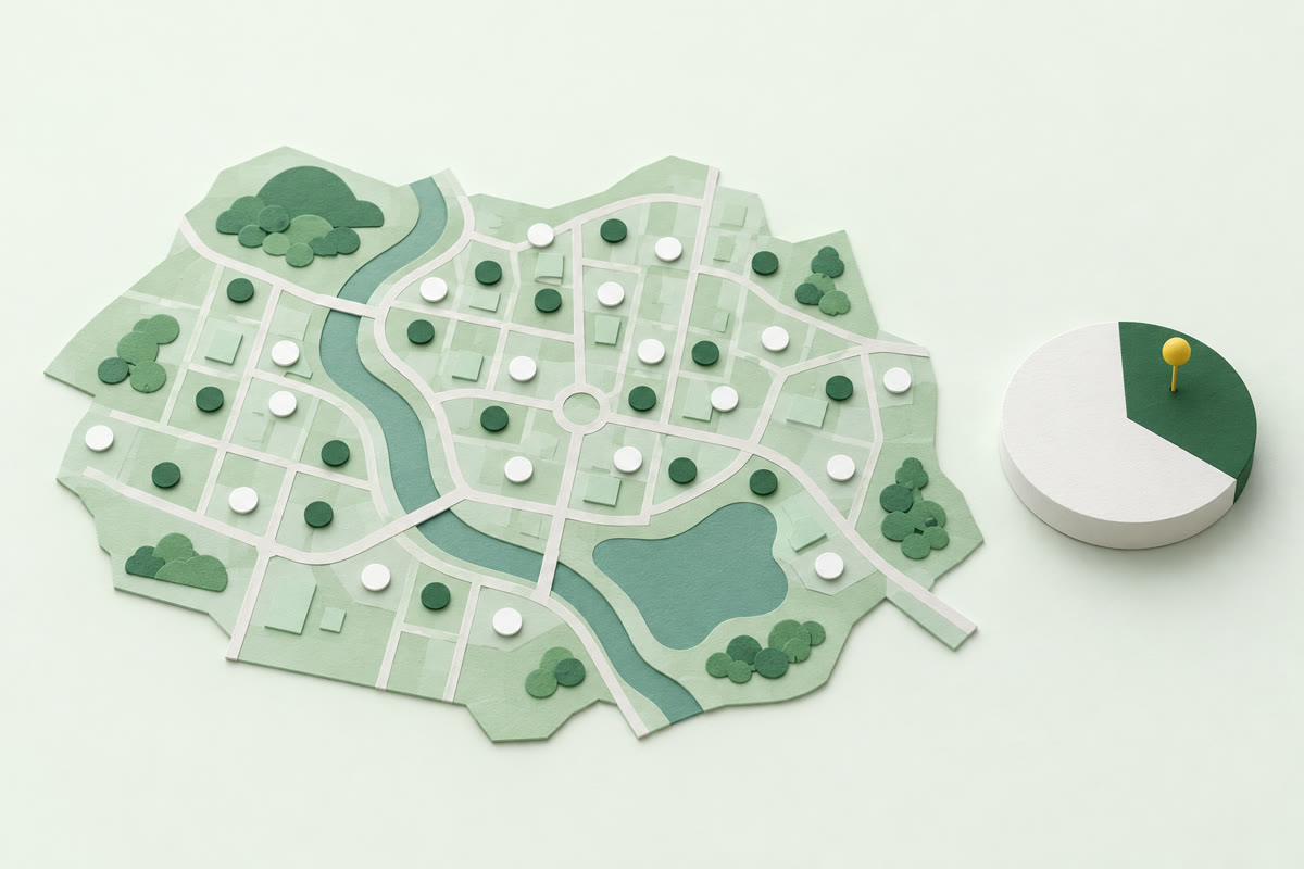 Illustration of a paper town map dotted with round discs, some green and some white, beside a paper pie with a green slice of about a third and a yellow pin on it.