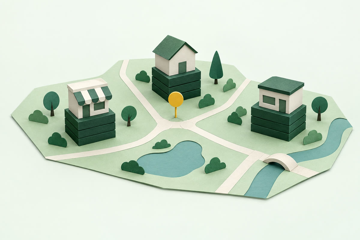 Illustration of a paper town map with three green podiums in different neighbourhoods, a different paper shop on top of each, and a yellow pin in the middle.