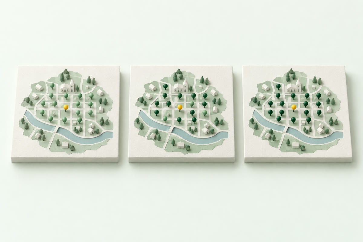 Illustration of three paper maps of the same town in a row, each with the same grid of pins, more of them green from left to right, and one yellow pin in the same place on each.
